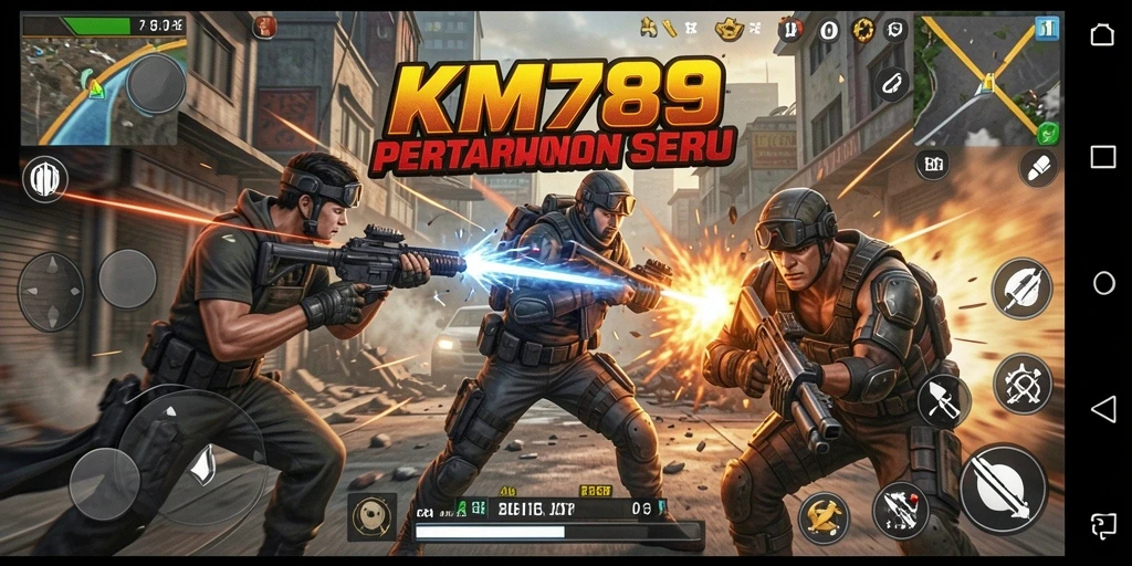 Screenshot utama KM789 menampilkan aksi seru dan karakter yang berjuang.