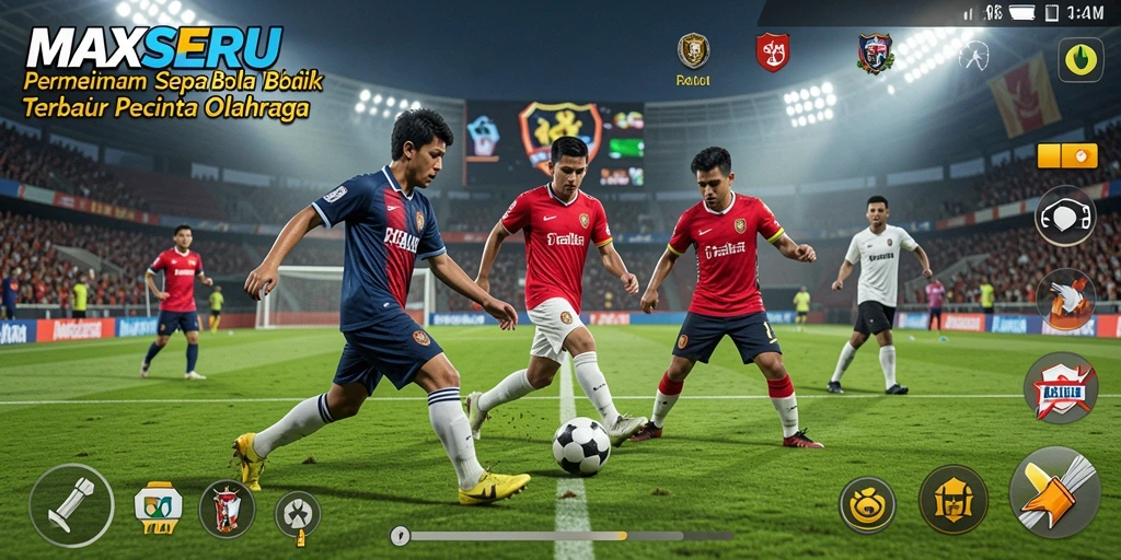 Tampilan gameplay <strong>MAXSERU</strong> saat mencetak gol di lapangan.