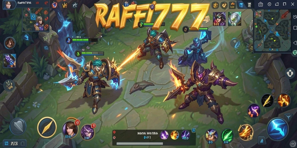 Screenshot gameplay RAFFI777 menampilkan pertarungan intens dalam arena MOBA.